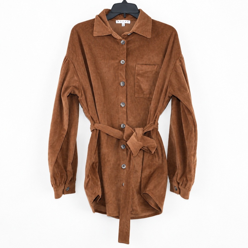 Hyfve Womens Corduroy Tie Waist Shirt Jacket Brown Button Up Shacket Size Large